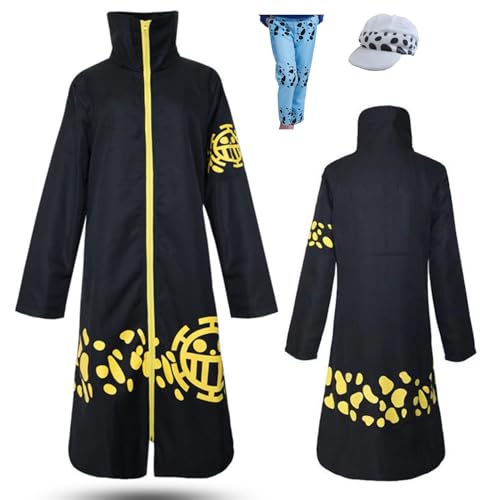 Wigbiu Anime One Piece Trafalgar D Water Law Cosplay Kostüm mit Hut Umhang Cape Anzug Set für Herren schwarze Uniform Outfit für Halloween Weihnachten Karneval Party Rollenspiel Kleidung von Wigbiu
