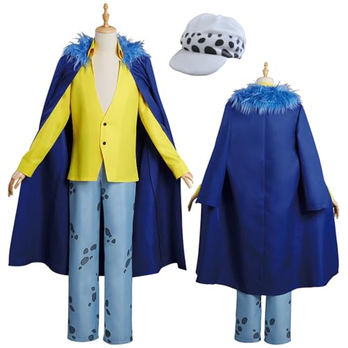 Wigbiu Anime One Piece Trafalgar D Water Law Cosplay Kostüm mit Hut Umhang und Cape Komplettset für Herren und Kinder blaue Uniform für Halloween Weihnachten Karneval Party Rollenspiel von Wigbiu