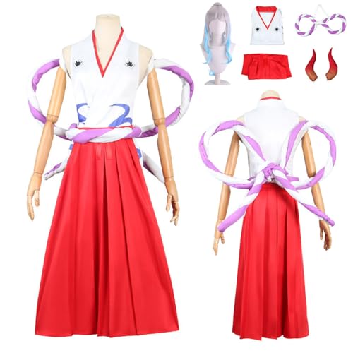 Wigbiu Anime One Piece Yamato Cosplay Kostüm mit Perücke Hut Kimono Uniform Komplettset für Damen Herren Samurai Kleidung Umhang Outfit Anzug für Halloween Weihnachten Karneval Party Rollenspiel von Wigbiu