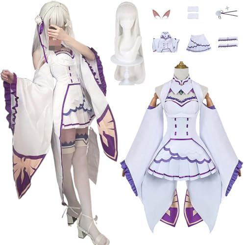 Wigbiu Anime Re: Leben in einer anderen Welt von Zero Emilia Cosplay Kostüm für Kinder Erwachsene und Frauen Outfit mit Perücke Elfenohren Accessoires Ganzkörperanzug Halloween Weihnachten Karneval von Wigbiu