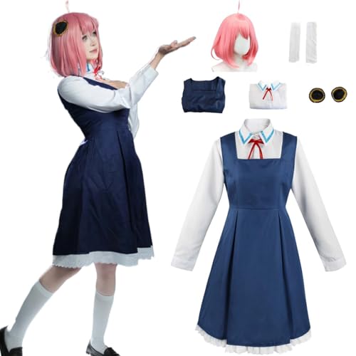Wigbiu Anime SPY×FAMILY A’nya F’orger Cosplay Kostüm für Kinder Erwachsene süßes Outfit mit Perücke Kopfschmuck Accessoires kompletter Anzug Halloween Weihnachten Karneval Rollenspiel Uniform (L) von Wigbiu