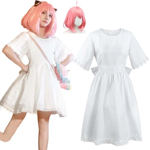 Wigbiu Anime SPY×FAMILY A’nya F’orger Cosplay Kostüm für Kinder Erwachsene süßes Outfit mit Perücke Kopfschmuck Accessoires kompletter Anzug Halloween Weihnachten Karneval Rollenspiel Uniform (3XL) von Wigbiu