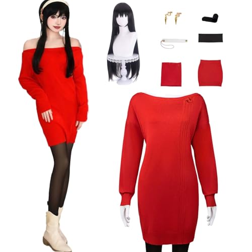 Wigbiu Anime SPY×FAMILY Yor Forger Cosplay Kostüm für Kinder Erwachsene Outfit mit Perücke Haarband Accessoires Ganzkörperanzug Pullover Halloween Weihnachten Karneval Rollenspiel Uniform (L) von Wigbiu