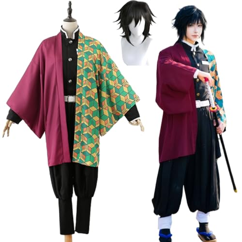 Wigbiu Anime Tomioka Giyuu Cosplay Kostüm mit Perücke Dämonentöter Samurai Erwachsenen Outfit Kimono Uniform Zubehör Anzug Set Halloween Karneval Party Verkleidung Kleidung für Kinder Frauen Unisex von Wigbiu