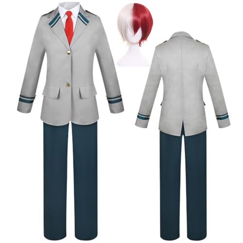 Wigbiu Anime mha Cosplay Uniform mit Perücke My Hero Academia Deku Cosplay Kostüm Todoroki Shoto Bakugo Schuloutfits Verkleidung für Kinder Mädchen Unisex Halloween Requisiten Zubehör Set (Todoroki) von Wigbiu