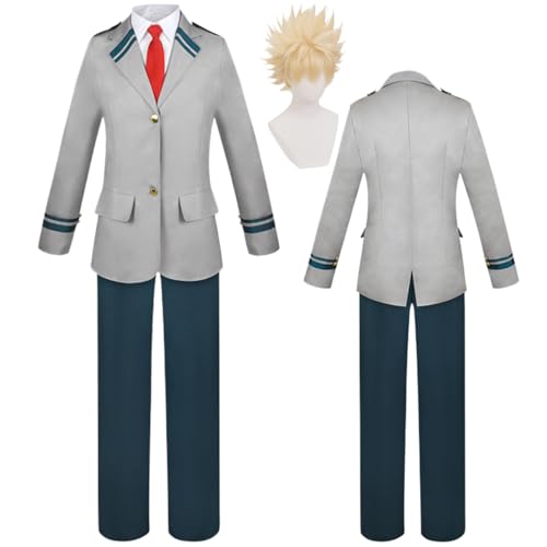 Wigbiu Anime mha Cosplay Uniform mit Perücke My Hero Academia Deku Cosplay Kostüm Todoroki Shoto Bakugo Schuloutfits Verkleidung für Kinder Mädchen Unisex Halloween Requisiten Zubehör Set (Bakugou) von Wigbiu