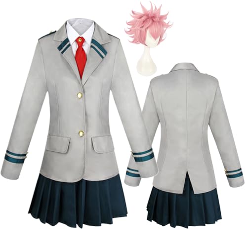 Wigbiu Anime mha Cosplay Uniform mit Perücke My Hero Academia Mina Ashido & Ochaco Uraraka Cosplay Kostüm Tsuyu Asui Schuloutfit Rockanzug für Kinder Mädchen Halloween Karneval Zubehör Set (mina) von Wigbiu
