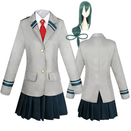 Wigbiu Anime mha Cosplay Uniform mit Perücke My Hero Academia Mina Ashido & Ochaco Uraraka Cosplay Kostüm Tsuyu Asui Schuloutfit Rockanzug für Kinder Mädchen Halloween Karneval Zubehör Set (asui) von Wigbiu