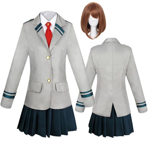 Wigbiu Anime mha Cosplay Uniform mit Perücke My Hero Academia Mina Ashido & Ochaco Uraraka Cosplay Kostüm Tsuyu Asui Schuloutfit Rockanzug für Kinder Mädchen Halloween Karneval Zubehör Set (ochaco) von Wigbiu