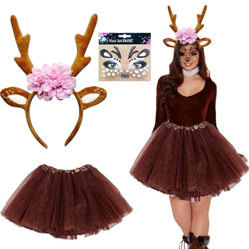 Wikrzeer Damen Reh Kostüm, Rentier Kostüm mit 40cm Braunem Tüllrock + Rentier Gesicht Tattoos, Faschingskostüm für Damen Karneval Fasching Wikrzeer Damen Reh Kostüm, Rentier Kostüm mit 40cm Braunem Tüllrock + Rentier Gesicht Tattoos, Faschingskostüm für Damen Karneval Fasching von Wikrzeer