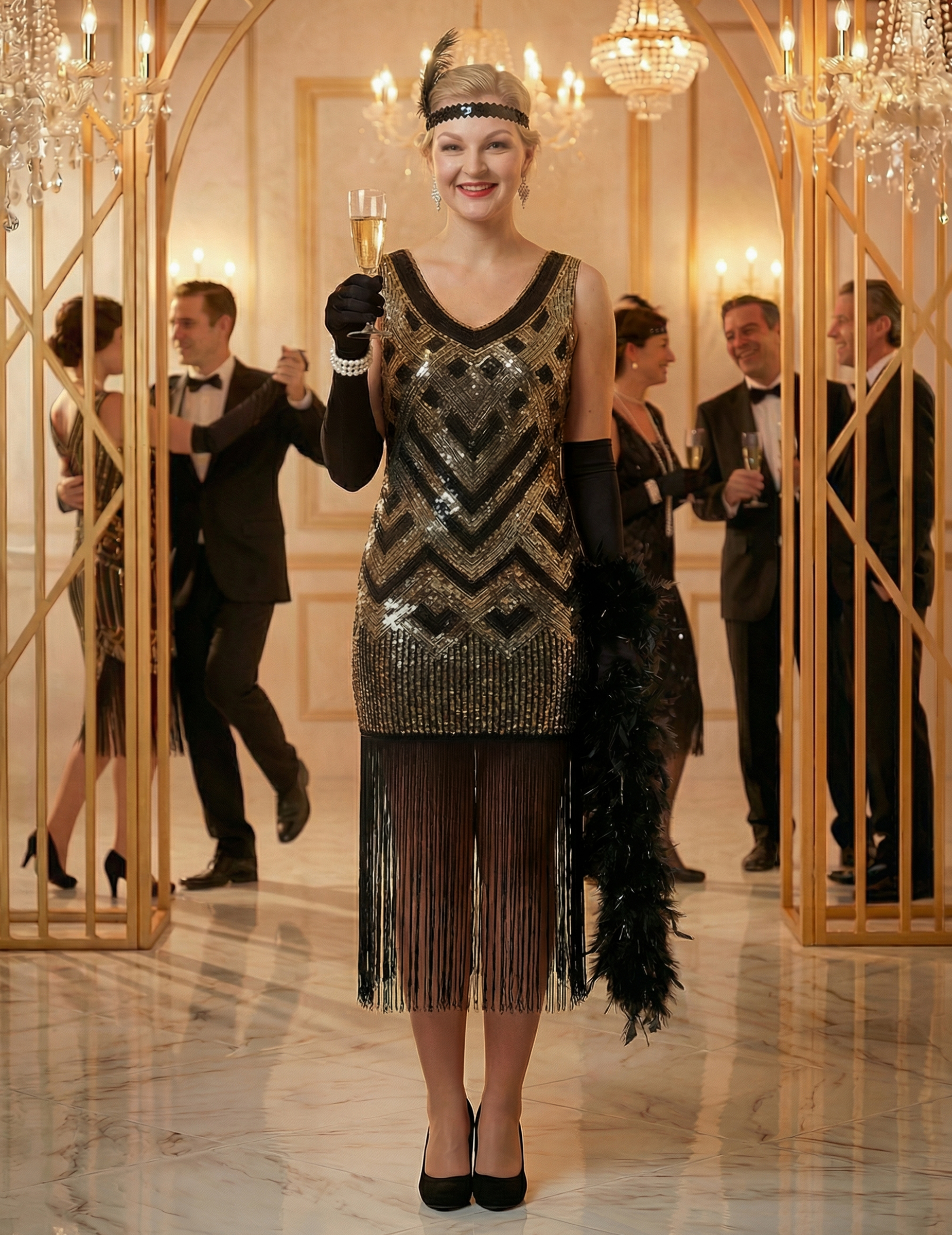 Charleston Kleid Damen Gold Pailletten Schwarz Luxus von Wilbers Karnaval BV