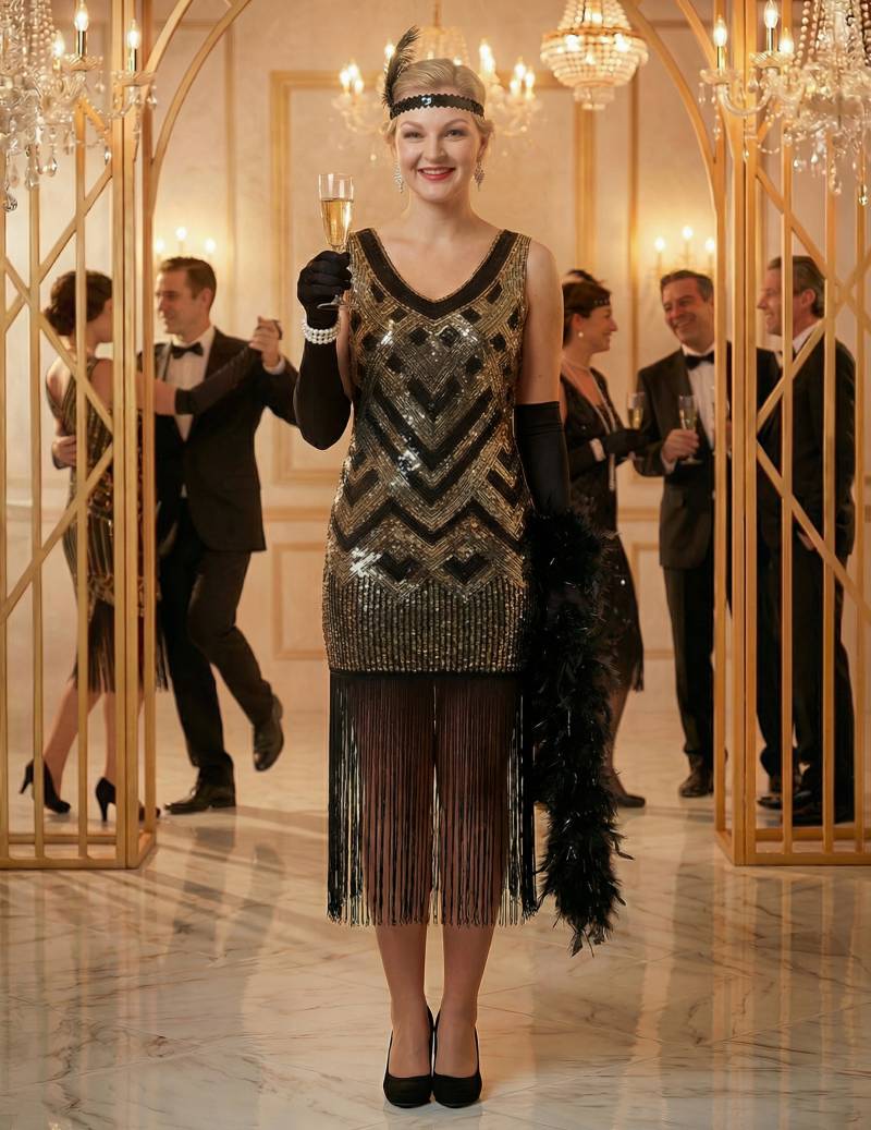 Charleston Kleid Damen Gold Pailletten Schwarz Luxus von Wilbers Karnaval BV