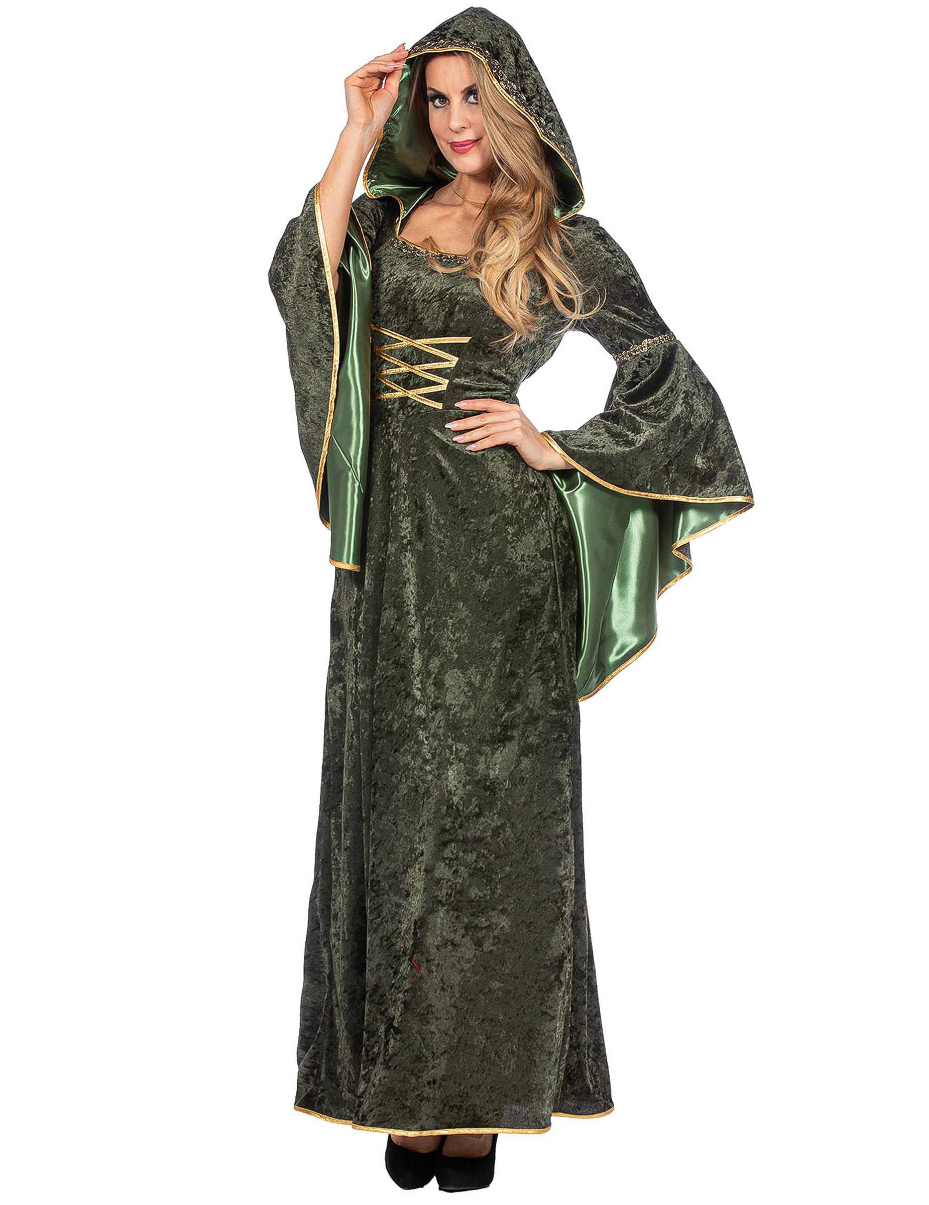 Langes mittelalterliches Luxus-Kapuzenkleid in Grün für Damen Langes mittelalterliches Luxus-Kapuzenkleid in Grün für Damen von Wilbers Karnaval BV