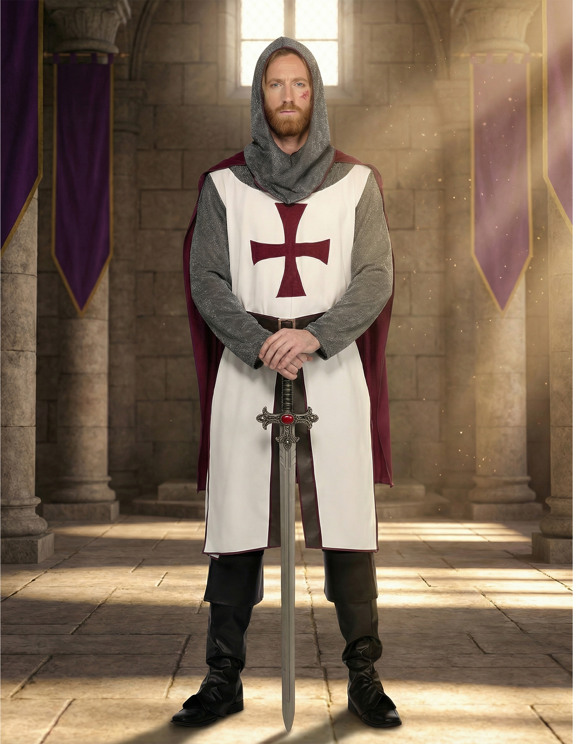 Tempelritter Luxus Herrenkostüm weiß rot grau von Wilbers Karnaval BV