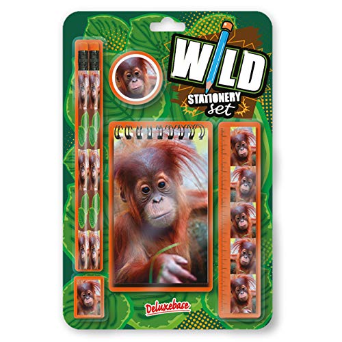 Wild Stationery Deluxebase Ourang-Outan Set mit 2 Bleistiften, Radiergummi, Bleistiftspitzer, Lineal und Notizbuch, Schreibwaren-Set von Deluxebase