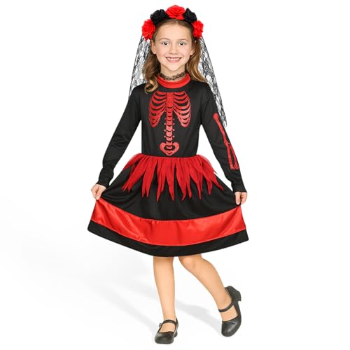 WildFun Mädchen Abschlussball Halloween Skelett Tutu Kostüm (Kleid + Schleier) Gruseliges Halloween-Kostüm für Dress-Up Party Cosplay Geburtstag Event Geschenk (L) von WildFun