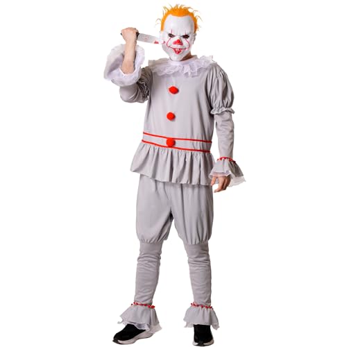 Wildarms Halloween-Kostüm für Erwachsene, gruseliges Clown-Kostüm – inklusive Overall, Netzkragen für Halloween, Geburtstagsfeiern und Themenveranstaltungen (Grau, XL) von Wildarms