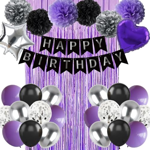 Wiletasz Schwarz Lila und Silber Happy Birthday Party Dekorationen Luftballons, Lila Geburtstagsdekorationen mit Banner Vorhänge für Frauen Männer Jungen Mädchen von Wiletasz