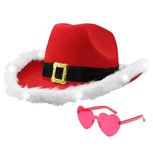 Weihnachtsmannmütze, Brille für Weihnachten, Cowboyhut für Damen und Herren, LED-Licht, Western-Cowboyhüte, Neujahrsparty-Requisiten, Zubehör, Weihnachtsmütze, Erwachsene von Wilgure