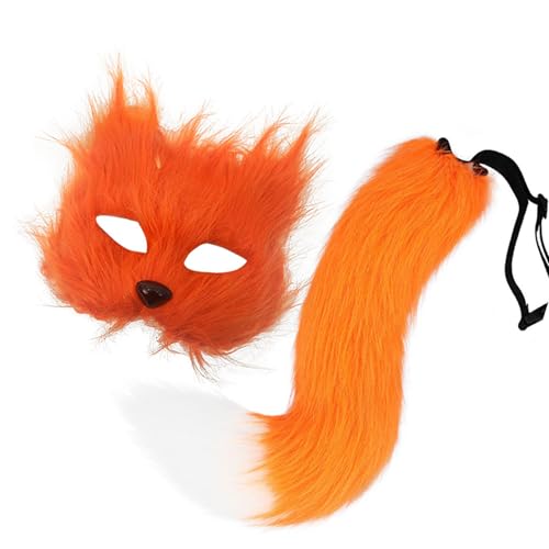 Wilgure 2pcs Foxes Kostümzubehör Mit Katzen Halbe Gesichtsmaske Füchse Tail Animal Cosplay Kostüme Für Halloween Weihnachts Cosplay Kostüm von Wilgure