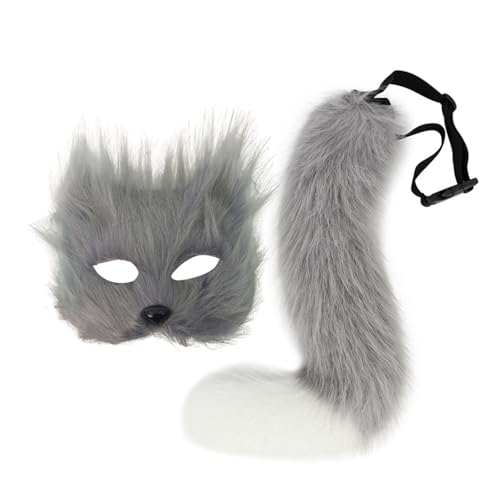 Wilgure 2pcs Foxes Kostümzubehör Mit Katzen Halbe Gesichtsmaske Füchse Tail Animal Cosplay Kostüme Für Halloween Weihnachts Cosplay Kostüm von Wilgure