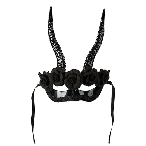 Wilgure Schwarz Ziegenhorn Halbgesichtsmaske Für Halloween Kostüm Leichtes Harz Einstellbares Gurt Detaillierte Geformte Hörner Party Requisiten Realistische Antilopenhorn Halloween Maske von Wilgure