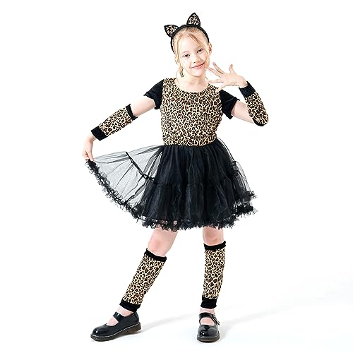 Willheoy Mädchen Leopard Kostüme Halloween Tierkostüme für Fasching Karneval Fasching Tütü Rock Prinzessin Kleid Mit Ohren Haarreif SIZE L (120-130cm) von Willheoy
