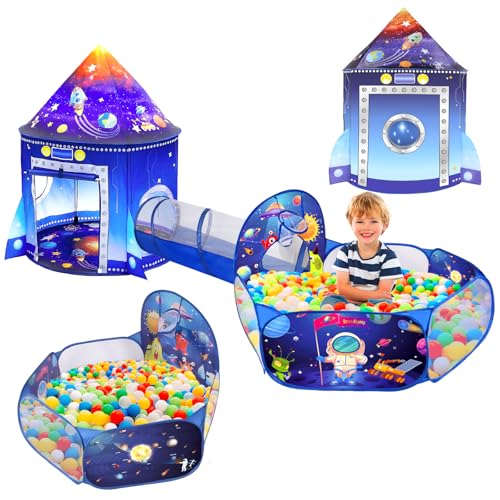 3 in 1 Raketenschiff Spielzelt mit Tunnel Ball Grube für Kind Raum Themed Pop Up Spielhaus Indoor Outdoor Astronaut Zelt Set Spielzeug Geschenk Rocket Ship Play Tent für Junge Mädchen Kleinkind von WillingHeart