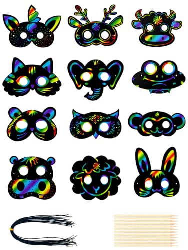 24pcs Tier Masken Kratzbilder für Kinder, Scratch Crafts Kinder Set mit Bändern Kratzstift, DIY Handwerk Masken zum Basteln für Geschenk Kindergeburtstag Spiele Party Mitgebsel Fasching Deko von Willingood