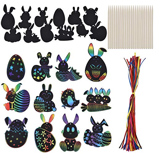 48 pcs Ostern Kratzbilder, Magische Bunte Regenbogen-Scratch-Papierkarte Scratch Crafts für Kinder Ostereierhasen-Kükenform mit Bändern Kratzstift Scratch Art für Osterfest Party Deko DIY Handwerk von Willingood