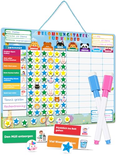 Willingood Magnetische Belohnungstafel Kinder - [100 Aufgaben, 300 Stern+60 Tier Magnete,1 Tasche,2 Stifte] - Montessori Magnettafel, Wochenplaner Kinder, ADHS Hilfsmittel Spielzeug, 1-3 Spieler von Willingood