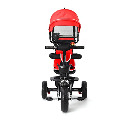 Baby-Dreirad, mitwachsend, 4-in-1, mitwachsendes Baby-Dreirad mit verstellbarem Schiebegriff, Gehstock, Glocke und Rückspiegel, Sicherheitsgeschirr von 9 Monaten bis 5 Jahren (groß, rot) von Willonin