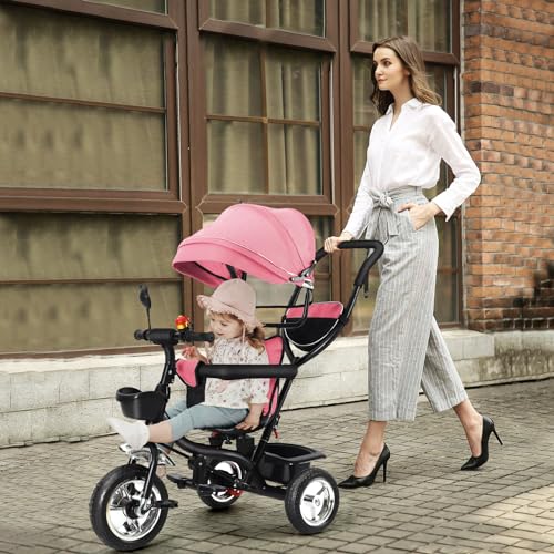 Dreirad für Kinder, mitwachsend, Dreirad, Kinderfahrrad mit Stauraum, Sonnenblende, Teleskopstock und abnehmbare Pedale, Baby-Dreirad, 9 Monate bis 5 Jahre (Rosa) von Willonin