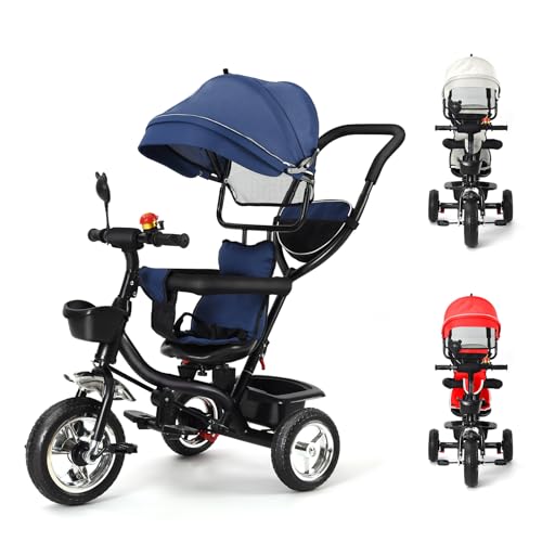 Laufrad, mitwachsend, Velo Kinderwagen, skalierbar, Baby-Dreirad bis 25 kg, wendbarer Sitz, großer Korb, faltbares Dreirad mit Sonnenblende (blau) von Willonin