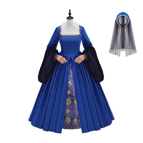 Tudor Queen Anne Boleyn Kostüm Kleid Renaissance Elisabethanisches Tudor-Kostüm Damen Ballkleid mit Kopfbedeckung (Blau, L) von Willyacos