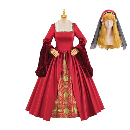 Tudor Queen Anne Boleyn Kostüm Kleid Renaissance Elisabethanisches Tudor-Kostüm Damen Ballkleid mit Kopfbedeckung (Rot, L) von Willyacos
