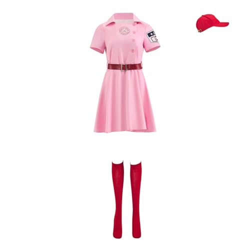 Willyacos Dottie Baseball-Kostüm für Erwachsene, Jersey, Kleid, Uniform-Set, Halloween-Outfit mit Hut für Damen, Rosa, Größe M von Willyacos