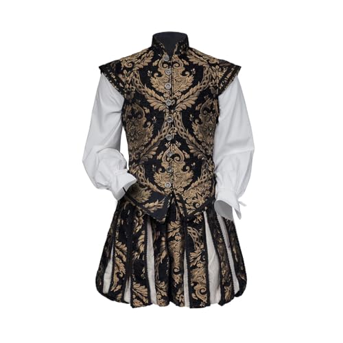 Willyacos Renaissance-Tudor-Kostüm für Herren, elisabethanisches Ära, Prinz-Tudor-King-Kostüm, doppelte Weste, Kürbishose (Schwarz-Gold, Größe S) von Willyacos