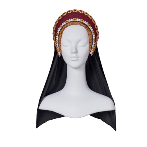 Willyacos Tudor Französische Kapuze Anne Boleyn Kostüm Kopfbedeckung Elizabethanische Kopfbedeckung Renaissance Tudor Hut Kopfschmuck Stirnband (Rot, Einheitsgröße) von Willyacos