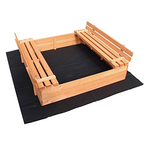 Sandkasten mit Deckel 2 Sitzbänke 98 x 98 x 21 cm, Sandkiste aus Holz mit klappbaren Bänken, Sandkasten mit Abdeckung, Sandbox mit Vliesboden von Wiltec
