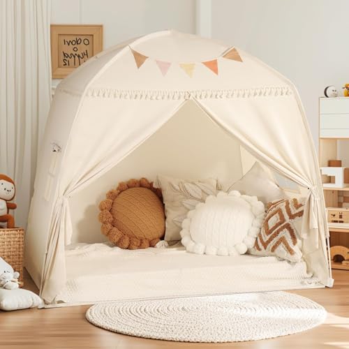 Wilwolfer Großes Spielzelt für Kinder mit Fähnchen – Indoor-Spielhaus für Jungen & Mädchen - Kinderspielzelt mit Baldachin fürs Kinderzimmer | Kreatives Geschenk (Creme) von Wilwolfer