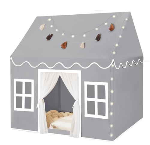 Wilwolfer Kinder-Spielzelt Indoor: Inklusive Matte, Quastengirlande & Sternenlichtern – Graues Spielhaus-Zelt für Kleinkinder | Geschenkidee für Jungen & Mädchen (zum Geburtstag) von Wilwolfer