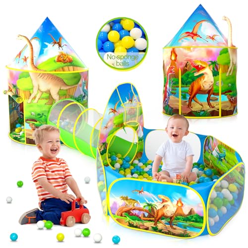 Wilwolfer Pop-up Zelt für Kinder + Krabbeltunnel + Bällebad - 3-in-1 Spielhaus für Kleinkinder Jungen Mädchen - Großes Spielzelt für Innen & Outdoor (Dinosaurier Zelt) von Wilwolfer