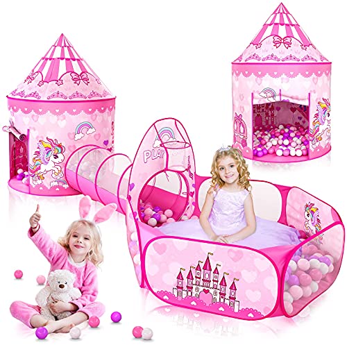 Wilwolfer Pop-up Zelt für Kinder + Krabbeltunnel + Bällebad - 3-in-1 Spielhaus für Kleinkinder Jungen Mädchen - Großes Spielzelt für Innen & Outdoor (Prinzessinnen Zelt) von Wilwolfer