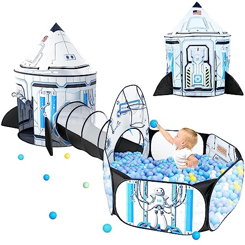 Wilwolfer Pop-up Zelt für Kinder + Krabbeltunnel + Bällebad - 3-in-1 Spielhaus für Kleinkinder Jungen Mädchen - Großes Spielzelt für Innen & Outdoor (Raumschiff Zelt) von Wilwolfer