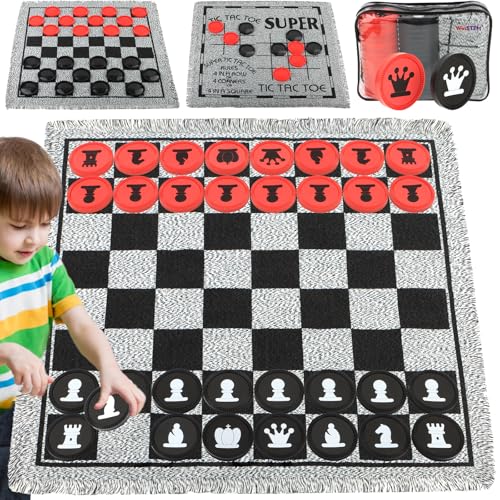 Riesiges 4-in-1-Schach-Set, Jumbo-Schach und riesige Dame und große Tic Tac Toe, riesiges Schachbrettspiel für Kinder und Erwachsene, inklusive 2 extra Queen, großer Dameteppich, Spielmatte, von WinSTEM