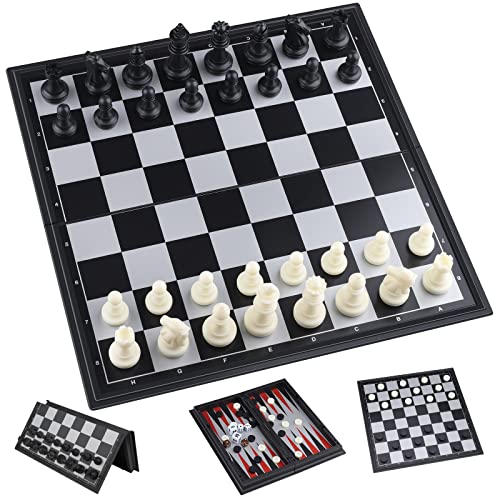 Schachspiel, 3-in-1 Backgammon Faltbares Magnetisches Schachspiel Tragbares Schachbrett, Reiseschachbrett Spielset, Traditionelles Dame Taktisches Strategiespiel für Kinder/Erwachsene(25 * 25cm) von Windfromort