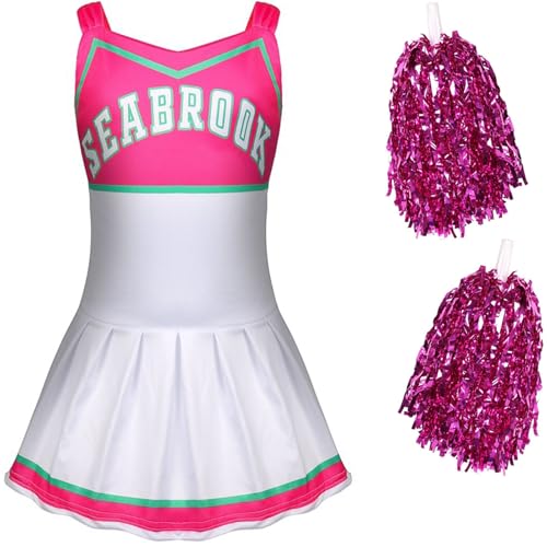 Windskids Addison Cheerleader Kostüm mit Pom Poms Fasching Mädchen Zombie High School Cheerleading Langarm Kleid und Kopfbedeckung Socken für Halloween Karneval Party Maskerade Verkleidung, 3-10 Jahre von Windskids