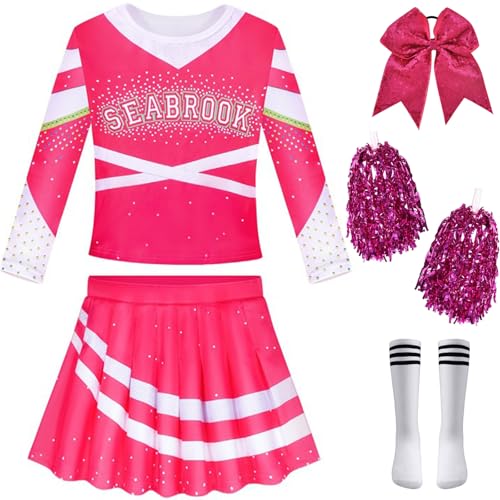 Windskids Addison Cheerleader Kostüm mit Pom Poms Mädchen Zombie High School Cheerleading Outfits und Kopfbedeckung Socken für Halloween Karneval Party Maskerade Performance Verkleidung, 3-10 Jahre von Windskids