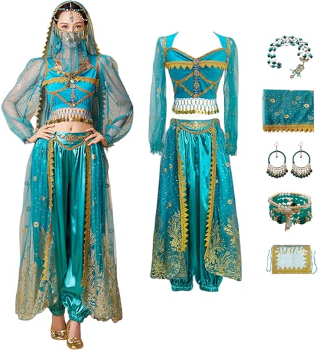 Windskids Aladdin Jasmin Kostüm Damen Arabische Prinzessin Bauchtanz Langarm Oberteil und Hose mit Zubehör Exotische Set für Halloween Karneval Party Maskerade Performance Verkleidung von Windskids